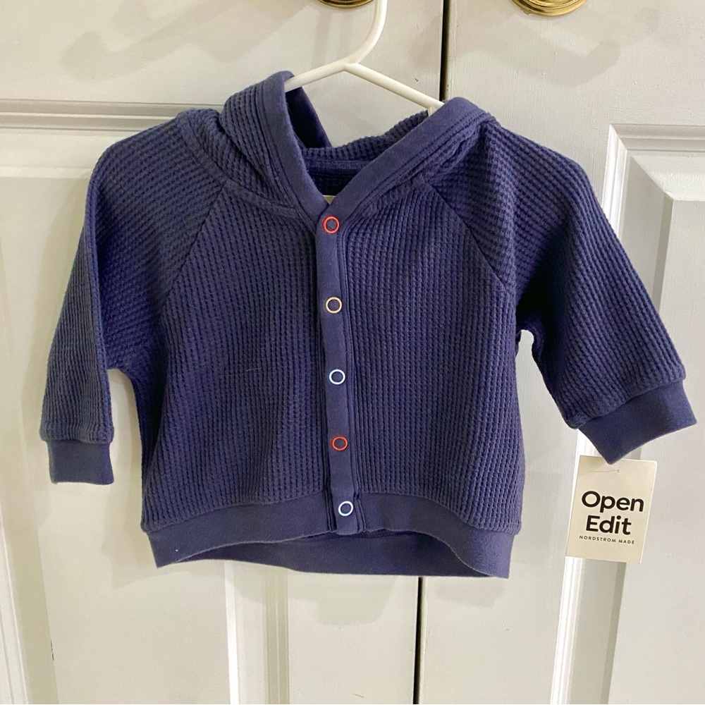 NWT - Open Edit Thermal Knit Snap Up Baby Cotton Hoodie in Navy - Size 6 months